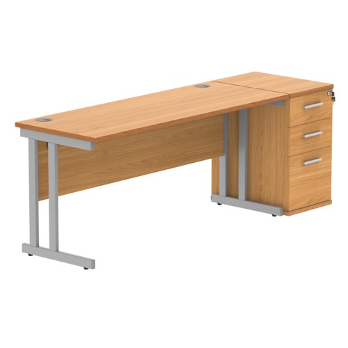 Double Upright Rectangular Desk + Desk High Pedestal 1600X600 Norwegian Beech/Silver