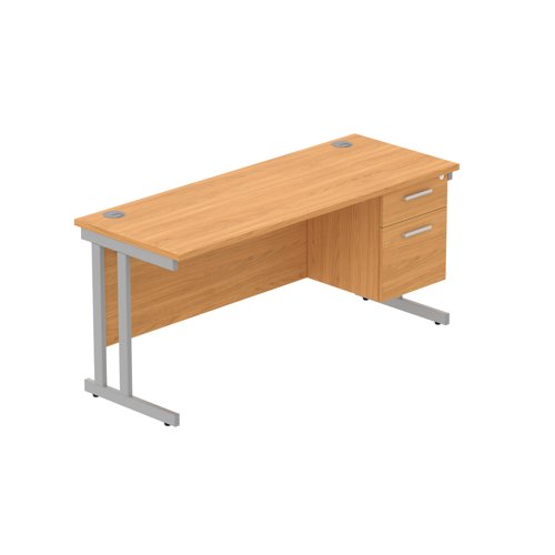 Office Rectangular Desk with Steel Double Upright Cantilever Legs + 2 Drawer Fixed Pedestal (FSC) 1600X600 Norwegian Beech/Silver