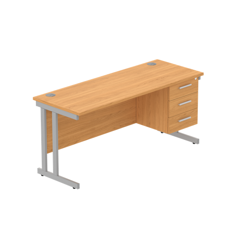 Office Rectangular Desk with Steel Double Upright Cantilever Legs + 3 Drawer Fixed Pedestal  1600X600 Norwegian Beech/Silver