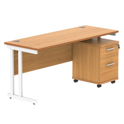 Double Upright Rectangular Desk + 2 Drawer Mobile Under Desk Pedestal 1600X600 Norwegian Beech/White