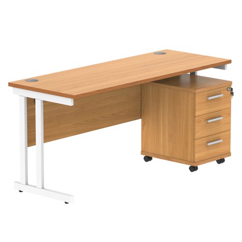 Double Upright Rectangular Desk + 3 Drawer Mobile Under Desk Pedestal (FSC) 1600X600 Norwegian Beech/White