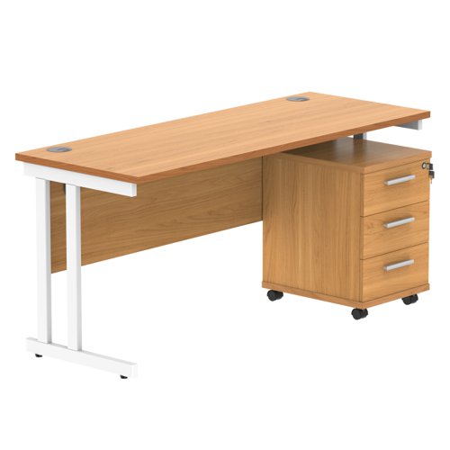 Double Upright Rectangular Desk + 3 Drawer Mobile Under Desk Pedestal 1600X600 Norwegian Beech/White