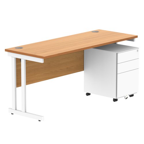 Double Upright Rectangular Desk + Under Desk Steel Pedestal 3 Drawers 1600X600 Norwegian Beech/White