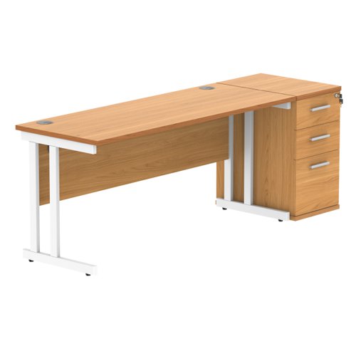 Double Upright Rectangular Desk + Desk High Pedestal (FSC) 1600X600 Norwegian Beech/White