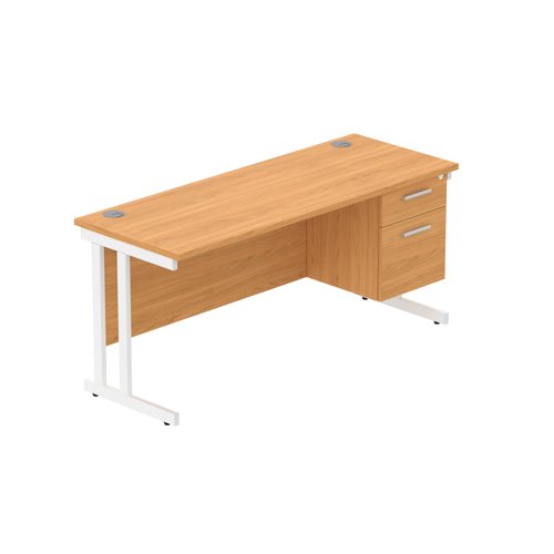 Office Rectangular Desk with Steel Double Upright Cantilever Legs + 2 Drawer Fixed Pedestal (FSC) 1600X600 Norwegian Beech/White