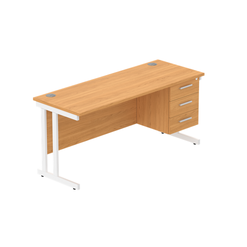 Office Rectangular Desk with Steel Double Upright Cantilever Legs + 3 Drawer Fixed Pedestal  1600X600 Norwegian Beech/White