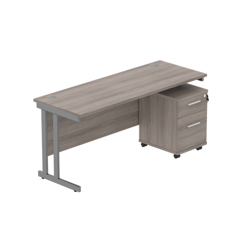 Double Upright Rectangular Desk + 2 Drawer Mobile Under Desk Pedestal  1600X600 Alaskan Grey Oak/Graphite
