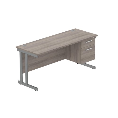 Office Rectangular Desk with Steel Double Upright Cantilever Legs + 2 Drawer Fixed Pedestal (FSC) 1600X600 Alaskan Grey Oak/Graphite