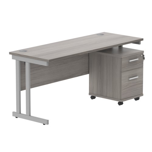Double Upright Rectangular Desk + 2 Drawer Mobile Under Desk Pedestal 1600X600 Alaskan Grey Oak/Silver