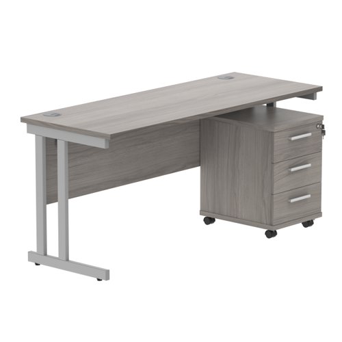 Double Upright Rectangular Desk + 3 Drawer Mobile Under Desk Pedestal 1600X600 Alaskan Grey Oak/Silver