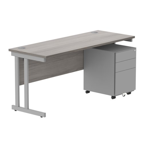 Double Upright Rectangular Desk + Under Desk Steel Pedestal 3 Drawers 1600X600 Alaskan Grey Oak/Silver