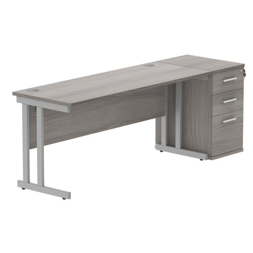 Double Upright Rectangular Desk + Desk High Pedestal 1600X600 Alaskan Grey Oak/Silver