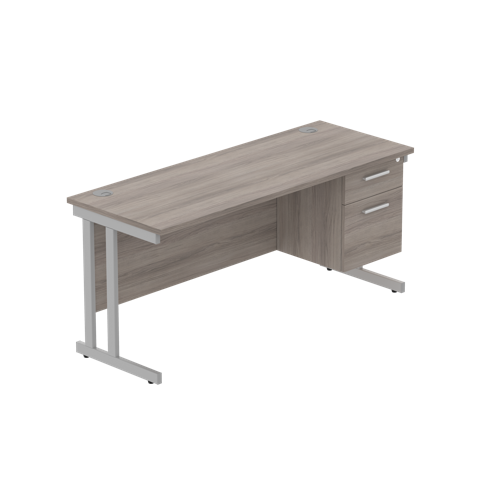 Office Rectangular Desk with Steel Double Upright Cantilever Legs + 2 Drawer Fixed Pedestal  1600X600 Alaskan Grey Oak/Silver