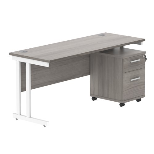 Double Upright Rectangular Desk + 2 Drawer Mobile Under Desk Pedestal 1600X600 Alaskan Grey Oak/White