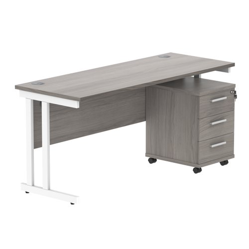 Double Upright Rectangular Desk + 3 Drawer Mobile Under Desk Pedestal 1600X600 Alaskan Grey Oak/White