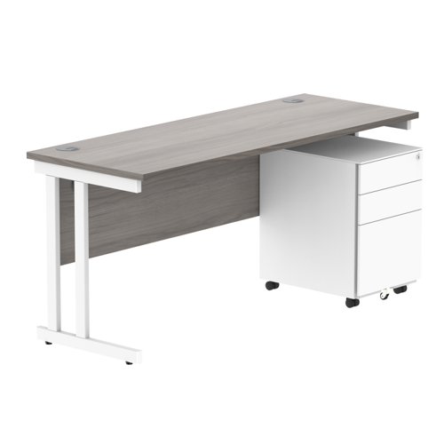 Double Upright Rectangular Desk + Under Desk Steel Pedestal 3 Drawers 1600X600 Alaskan Grey Oak/White