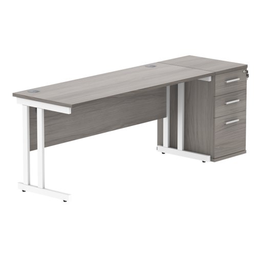 Double Upright Rectangular Desk + Desk High Pedestal 1600X600 Alaskan Grey Oak/White