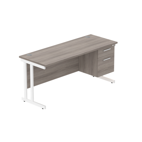 Office Rectangular Desk with Steel Double Upright Cantilever Legs + 2 Drawer Fixed Pedestal  1600X600 Alaskan Grey Oak/White