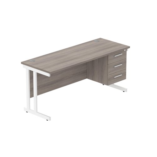 Office Rectangular Desk with Steel Double Upright Cantilever Legs + 3 Drawer Fixed Pedestal (FSC) 1600X600 Alaskan Grey Oak/White