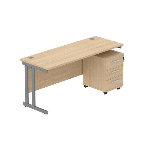 Double Upright Rectangular Desk + 3 Drawer Mobile Under Desk Pedestal (FSC) 1600X600 Canadian Oak/Graphite