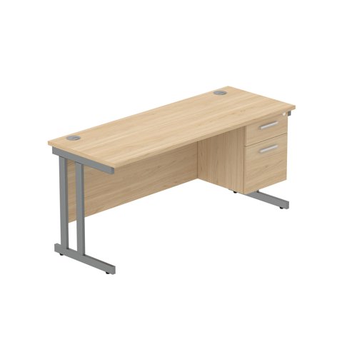 Office Rectangular Desk with Steel Double Upright Cantilever Legs + 2 Drawer Fixed Pedestal (FSC) 1600X600 Canadian Oak/Graphite