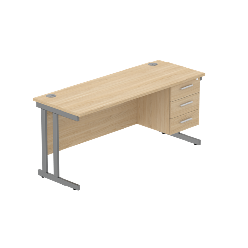 Office Rectangular Desk with Steel Double Upright Cantilever Legs + 3 Drawer Fixed Pedestal  1600X600 Canadian Oak/Graphite