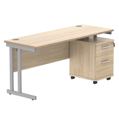 Double Upright Rectangular Desk + 2 Drawer Mobile Under Desk Pedestal 1600X600 Canadian Oak/Silver