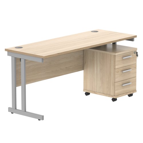Double Upright Rectangular Desk + 3 Drawer Mobile Under Desk Pedestal 1600X600 Canadian Oak/Silver