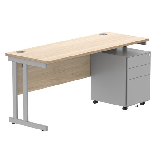 Double Upright Rectangular Desk + Under Desk Steel Pedestal 3 Drawers 1600X600 Canadian Oak/Silver