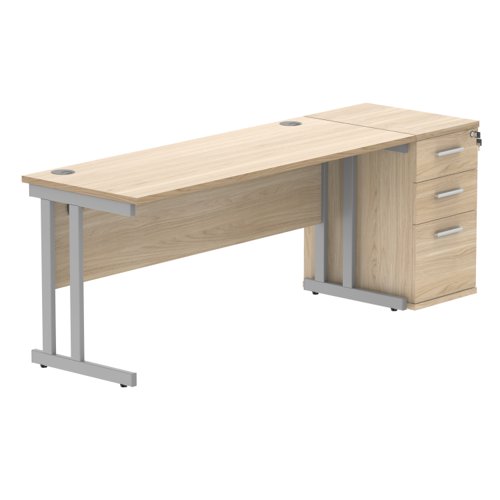 Double Upright Rectangular Desk + Desk High Pedestal 1600X600 Canadian Oak/Silver