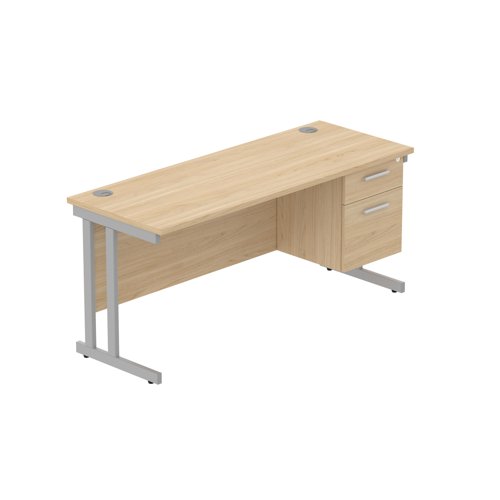Office Rectangular Desk with Steel Double Upright Cantilever Legs + 2 Drawer Fixed Pedestal (FSC) 1600X600 Canadian Oak/Silver