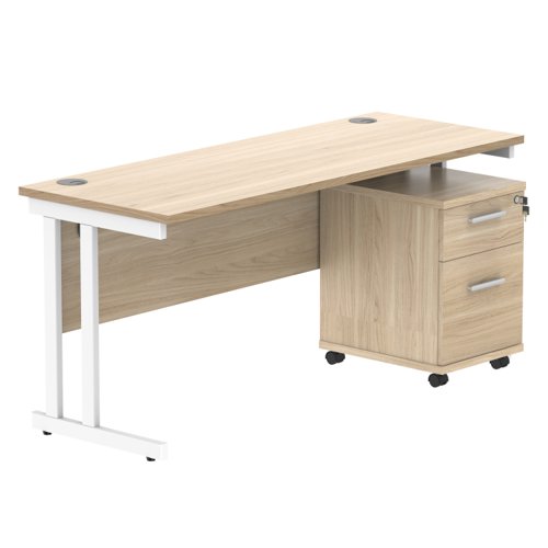 Double Upright Rectangular Desk + 2 Drawer Mobile Under Desk Pedestal 1600X600 Canadian Oak/White