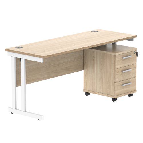 Double Upright Rectangular Desk + 3 Drawer Mobile Under Desk Pedestal 1600X600 Canadian Oak/White