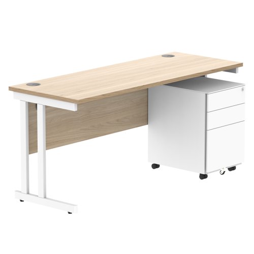 Double Upright Rectangular Desk + Under Desk Steel Pedestal 3 Drawers 1600X600 Canadian Oak/White