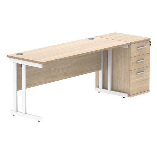 Double Upright Rectangular Desk + Desk High Pedestal 1600X600 Canadian Oak/White