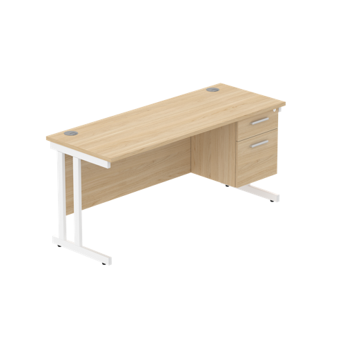 Office Rectangular Desk with Steel Double Upright Cantilever Legs + 2 Drawer Fixed Pedestal  1600X600 Canadian Oak/White