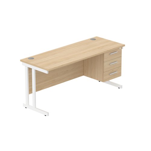 Office Rectangular Desk with Steel Double Upright Cantilever Legs + 3 Drawer Fixed Pedestal (FSC) 1600X600 Canadian Oak/White
