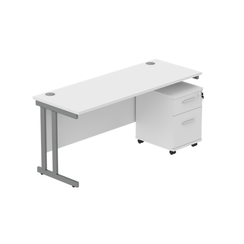 Double Upright Rectangular Desk + 2 Drawer Mobile Under Desk Pedestal  1600X600 Arctic White/Graphite