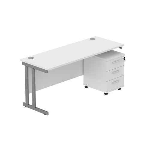 Double Upright Rectangular Desk + 3 Drawer Mobile Under Desk Pedestal (FSC) 1600X600 Arctic White/Graphite