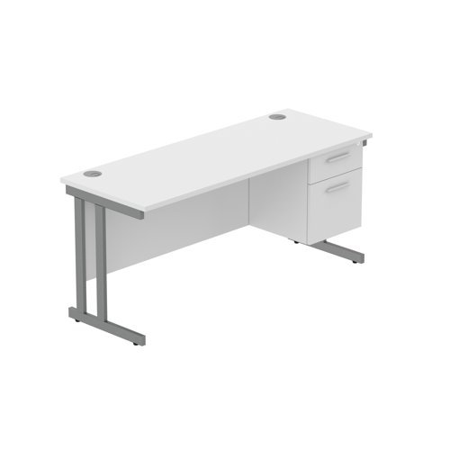 Office Rectangular Desk with Steel Double Upright Cantilever Legs + 2 Drawer Fixed Pedestal (FSC) 1600X600 Arctic White/Graphite