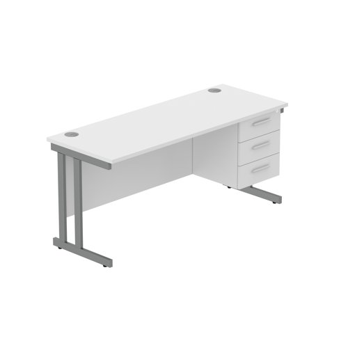 Office Rectangular Desk with Steel Double Upright Cantilever Legs + 3 Drawer Fixed Pedestal (FSC) 1600X600 Arctic White/Graphite
