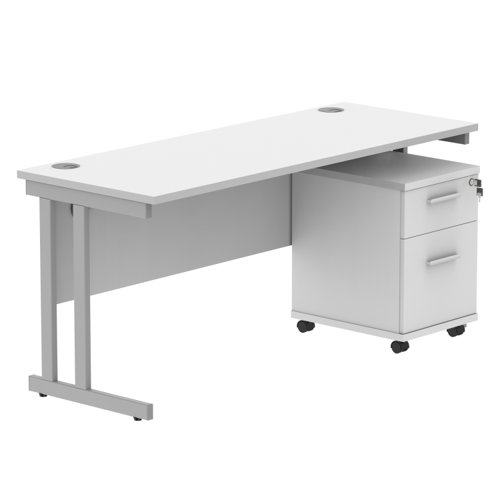 Double Upright Rectangular Desk + 2 Drawer Mobile Under Desk Pedestal 1600X600 Arctic White/Silver