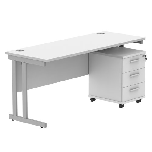 Double Upright Rectangular Desk + 3 Drawer Mobile Under Desk Pedestal 1600X600 Arctic White/Silver