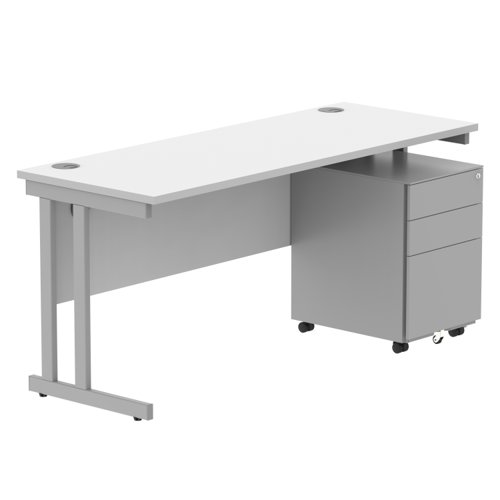 Double Upright Rectangular Desk + Under Desk Steel Pedestal 3 Drawers 1600X600 Arctic White/Silver