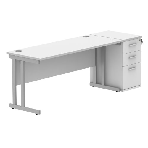 Double Upright Rectangular Desk + Desk High Pedestal (FSC) 1600X600 Arctic White/Silver