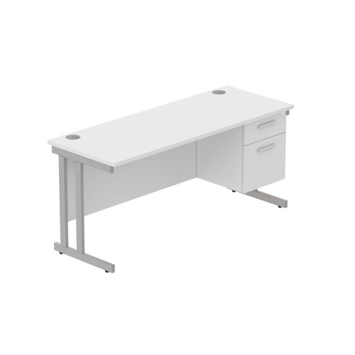 Office Rectangular Desk with Steel Double Upright Cantilever Legs + 2 Drawer Fixed Pedestal (FSC) 1600X600 Arctic White/Silver