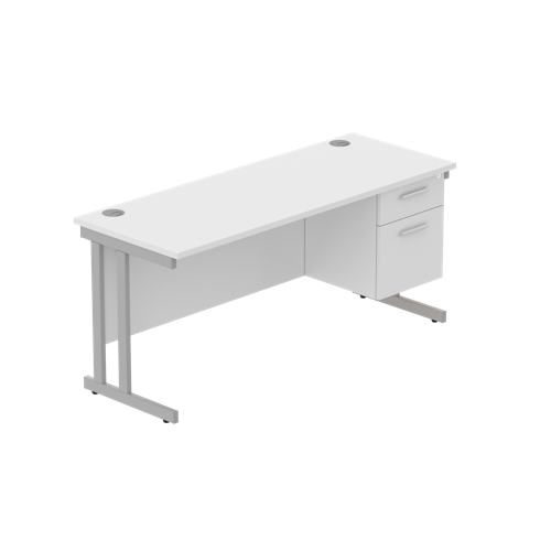 Office Rectangular Desk with Steel Double Upright Cantilever Legs + 2 Drawer Fixed Pedestal  1600X600 Arctic White/Silver