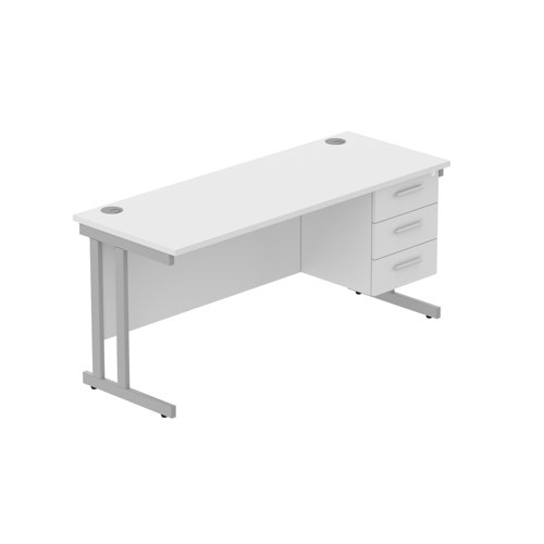 Office Rectangular Desk with Steel Double Upright Cantilever Legs + 3 Drawer Fixed Pedestal (FSC) 1600X600 Arctic White/Silver