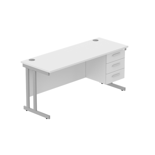 Office Rectangular Desk with Steel Double Upright Cantilever Legs + 3 Drawer Fixed Pedestal  1600X600 Arctic White/Silver