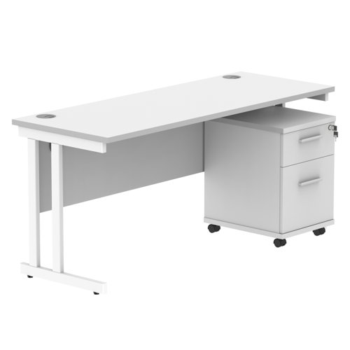 Double Upright Rectangular Desk + 2 Drawer Mobile Under Desk Pedestal 1600X600 Arctic White/White
